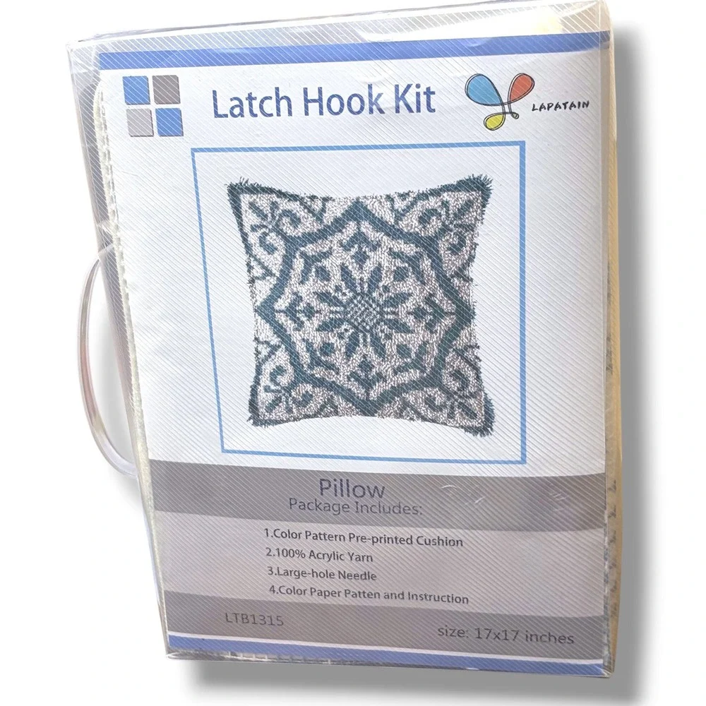 Lapatain Latch Hook Kit Blue Grey Geometric Pillow Case 17x17 DIY Craft LTB1315‎